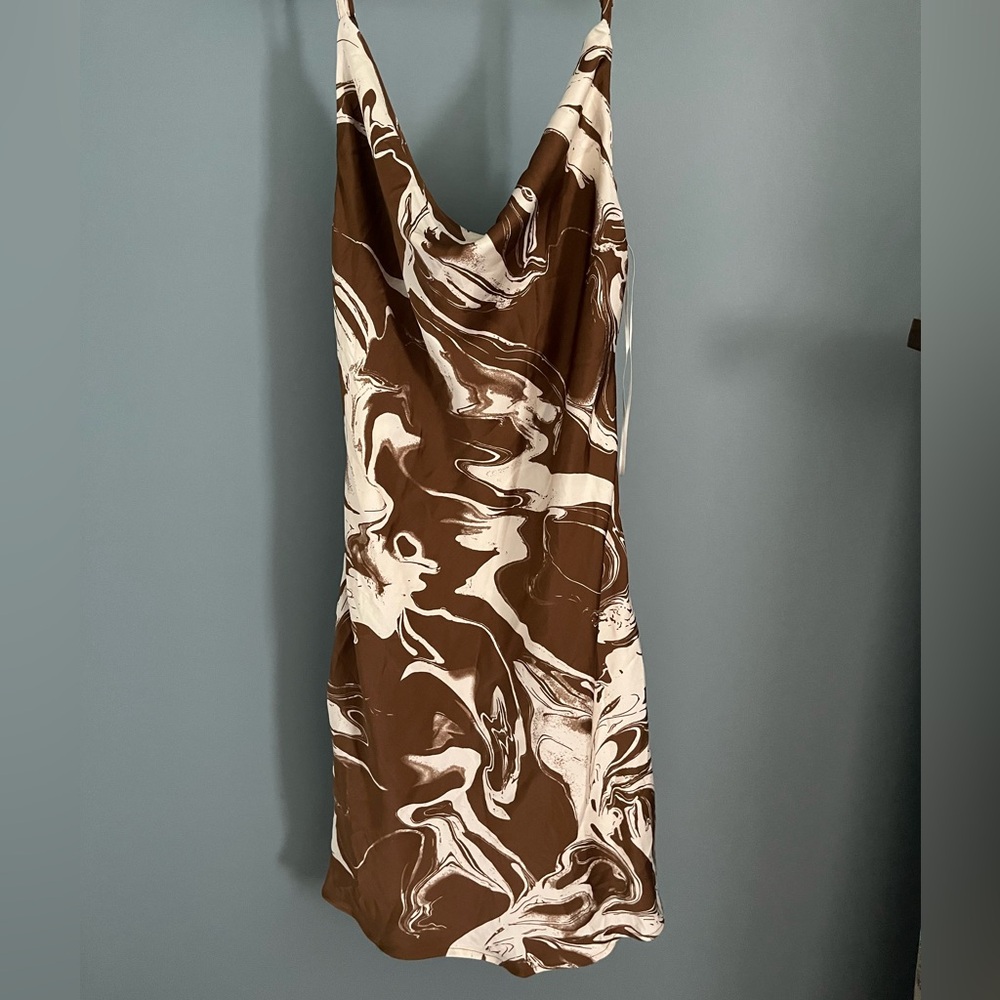 Brown and Cream Swirl Cowl Neck Dress
